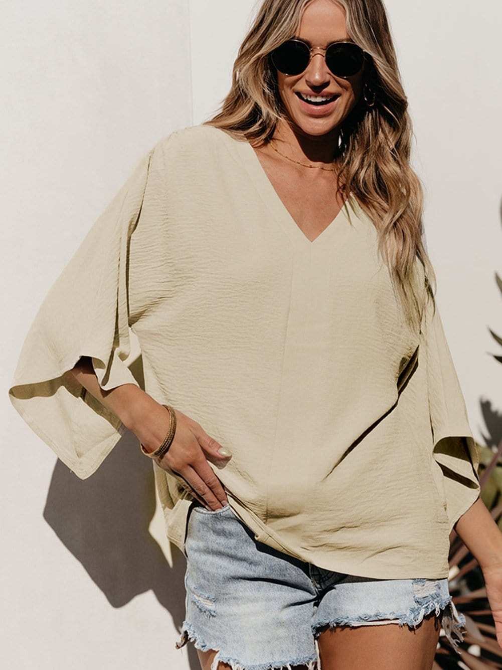 Parchment V Neck Crinkled Blouse with Wide Sleeves