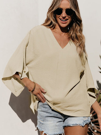 Parchment V Neck Crinkled Blouse with Wide Sleeves