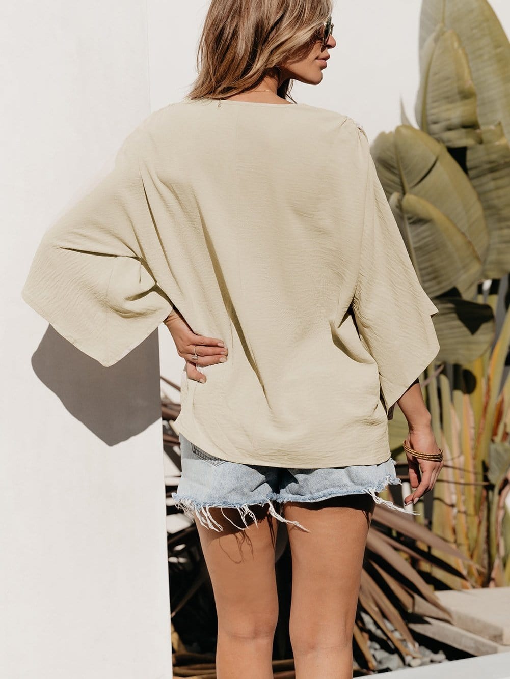 Parchment V Neck Crinkled Blouse with Wide Sleeves