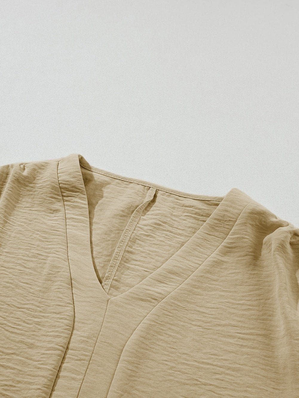 Parchment V Neck Crinkled Blouse with Wide Sleeves