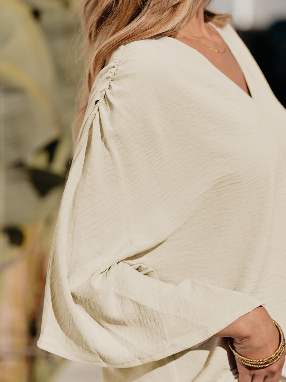 Parchment V Neck Crinkled Blouse with Wide Sleeves