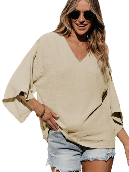 Parchment V Neck Crinkled Blouse with Wide Sleeves