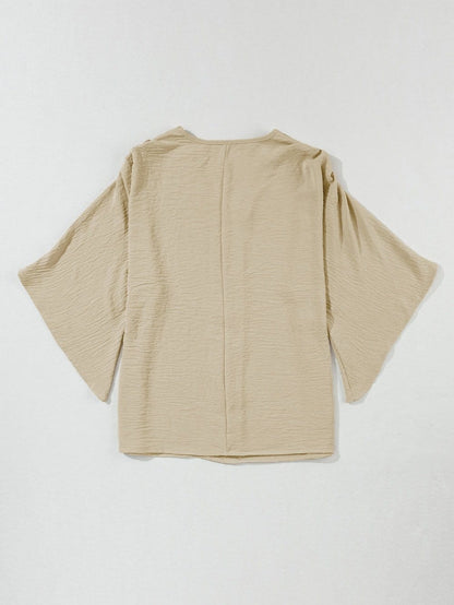 Parchment V Neck Crinkled Blouse with Wide Sleeves