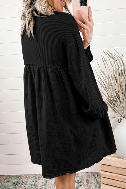 Patchwork Black Crinkle Puff Sleeve Mini Dress