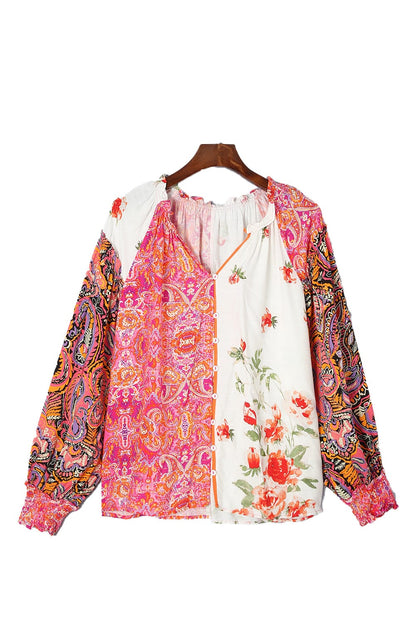 Patchwork Floral V-Neck Button Blouse with Shirred Cuffs