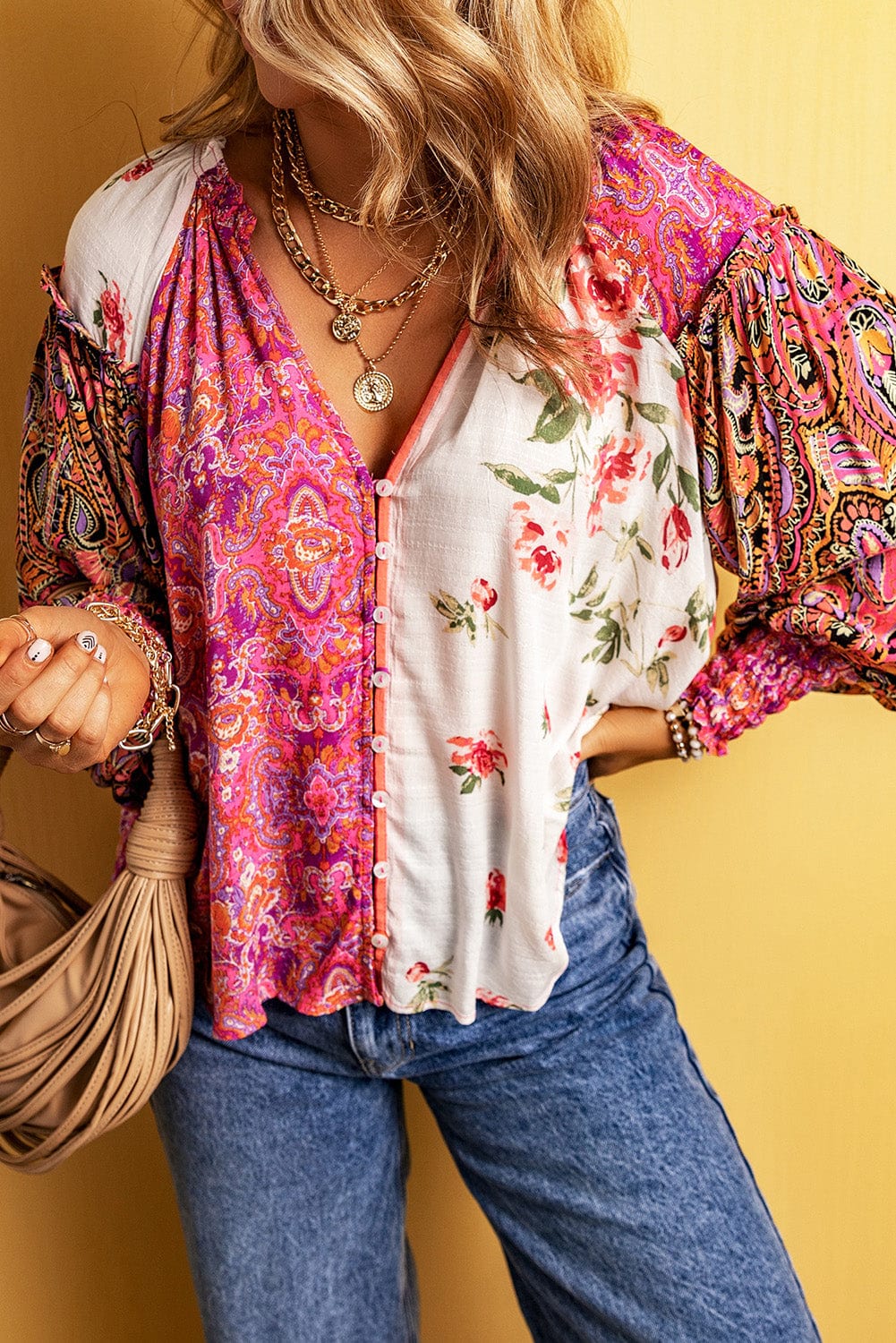 Patchwork Floral V-Neck Button Blouse with Shirred Cuffs