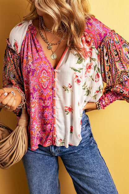 Patchwork Floral V-Neck Button Blouse with Shirred Cuffs