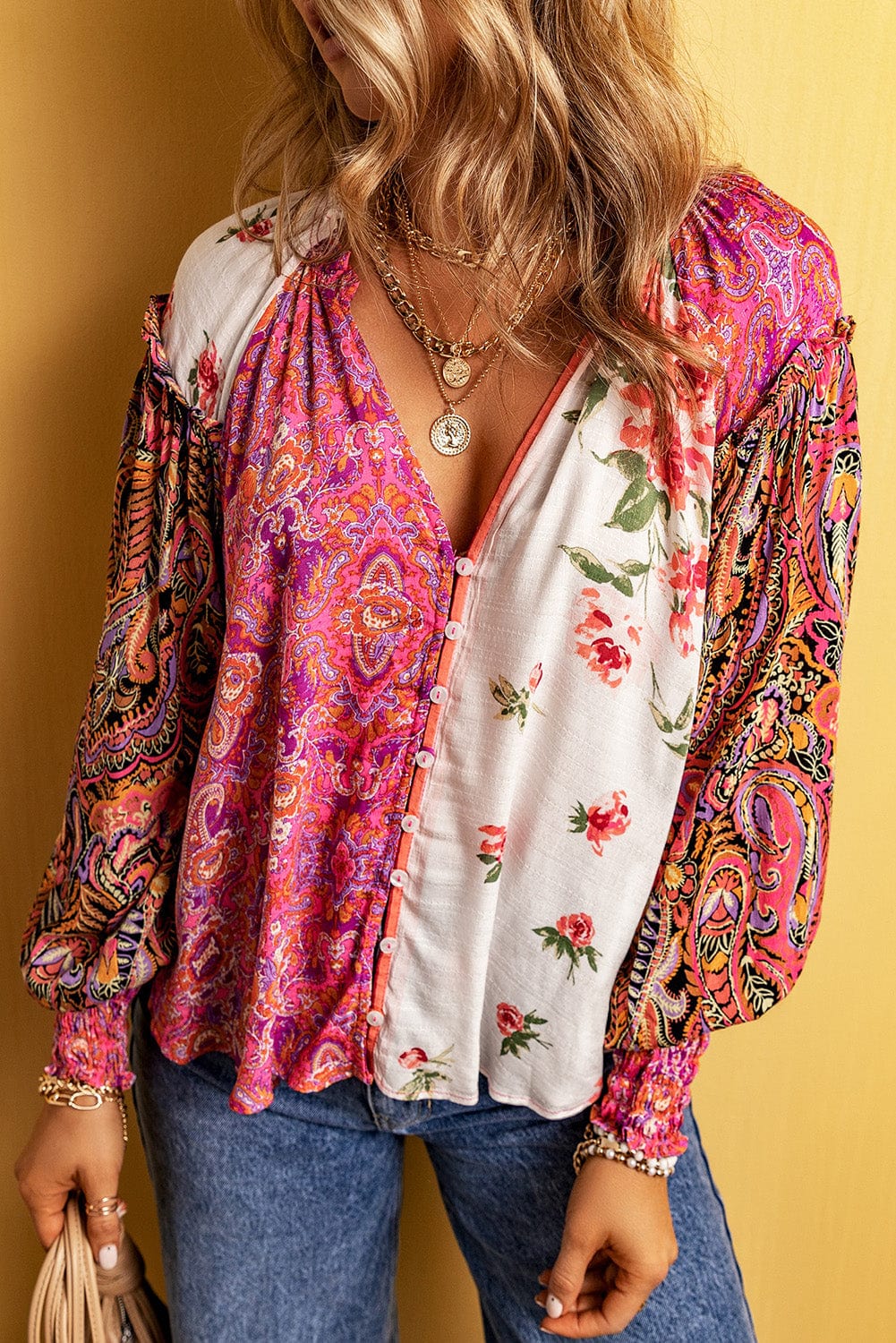 Patchwork Floral V-Neck Button Blouse with Shirred Cuffs