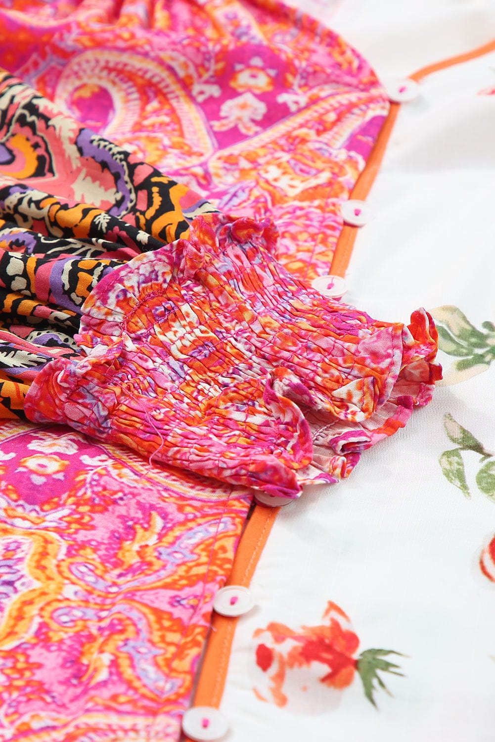 Patchwork Floral V-Neck Button Blouse with Shirred Cuffs