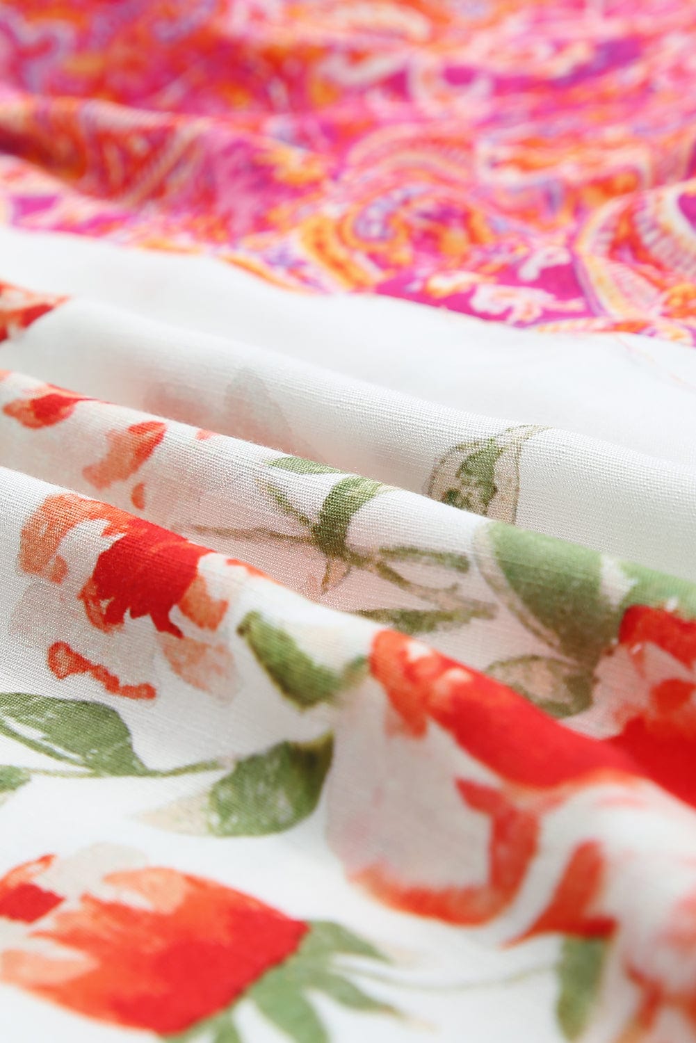 Patchwork Floral V-Neck Button Blouse with Shirred Cuffs