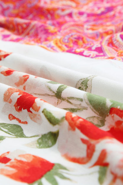 Patchwork Floral V-Neck Button Blouse with Shirred Cuffs