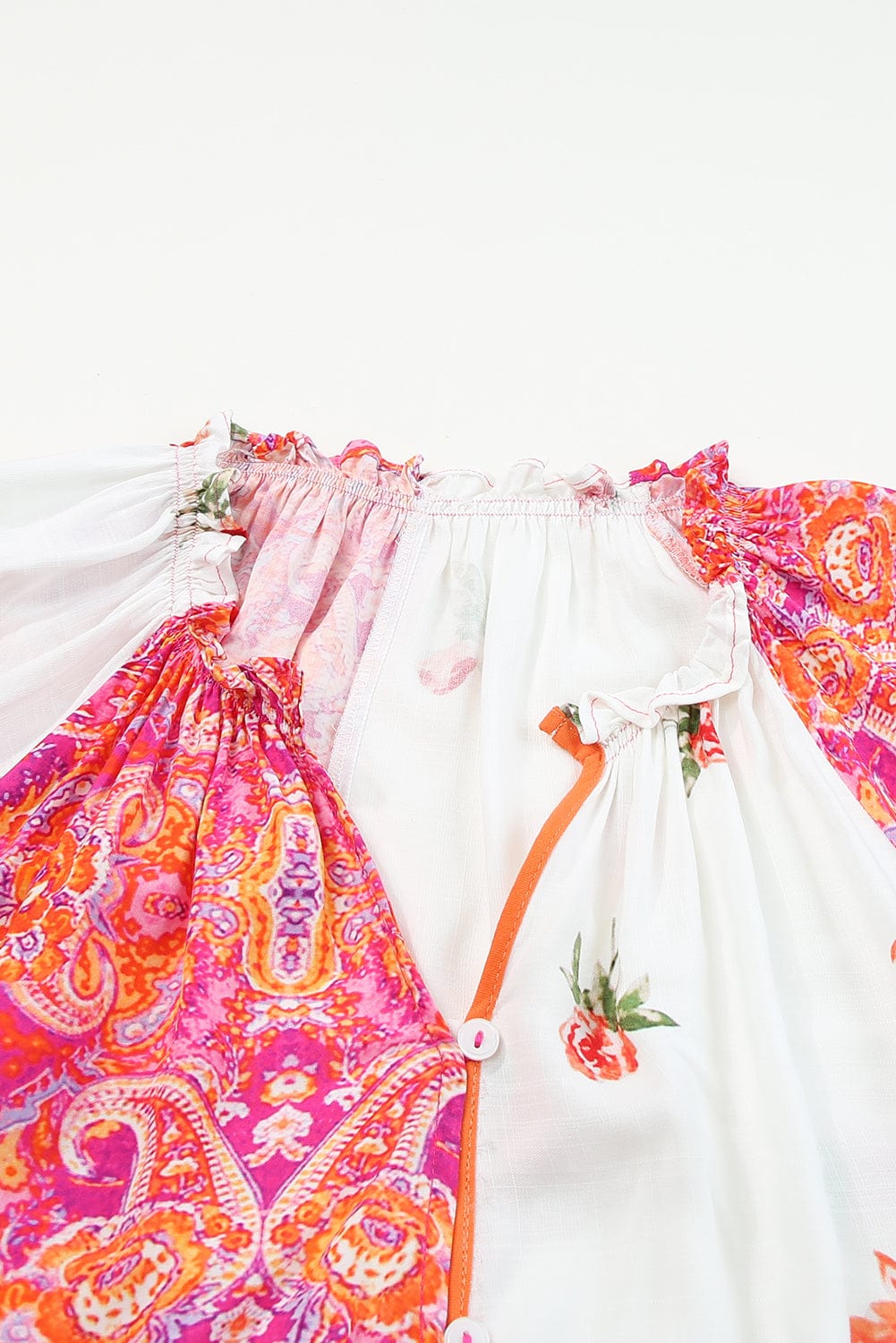 Patchwork Floral V-Neck Button Blouse with Shirred Cuffs