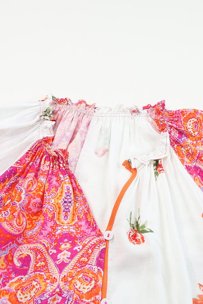 Patchwork Floral V-Neck Button Blouse with Shirred Cuffs