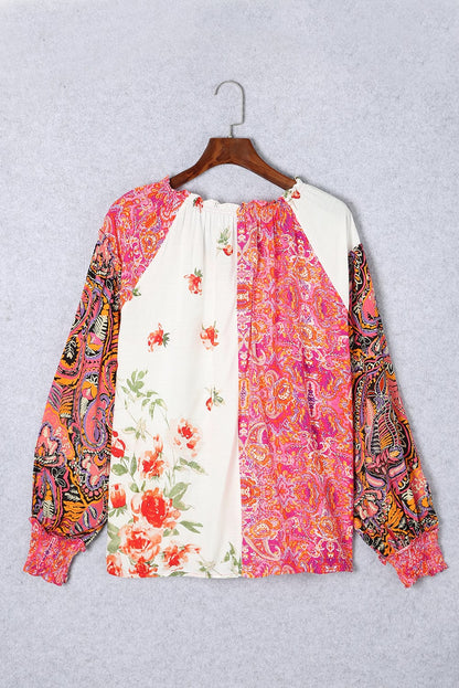 Patchwork Floral V-Neck Button Blouse with Shirred Cuffs