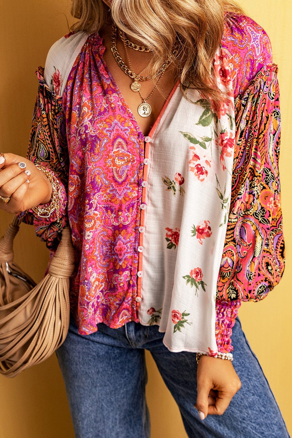 Patchwork Floral V-Neck Button Blouse with Shirred Cuffs