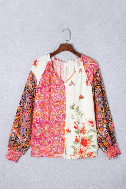 Patchwork Floral V-Neck Button Blouse with Shirred Cuffs