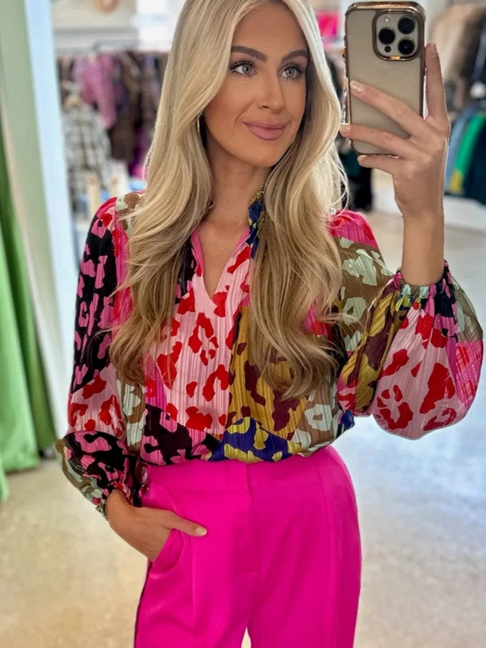 Patchwork Rose Leopard Print Pleated Top