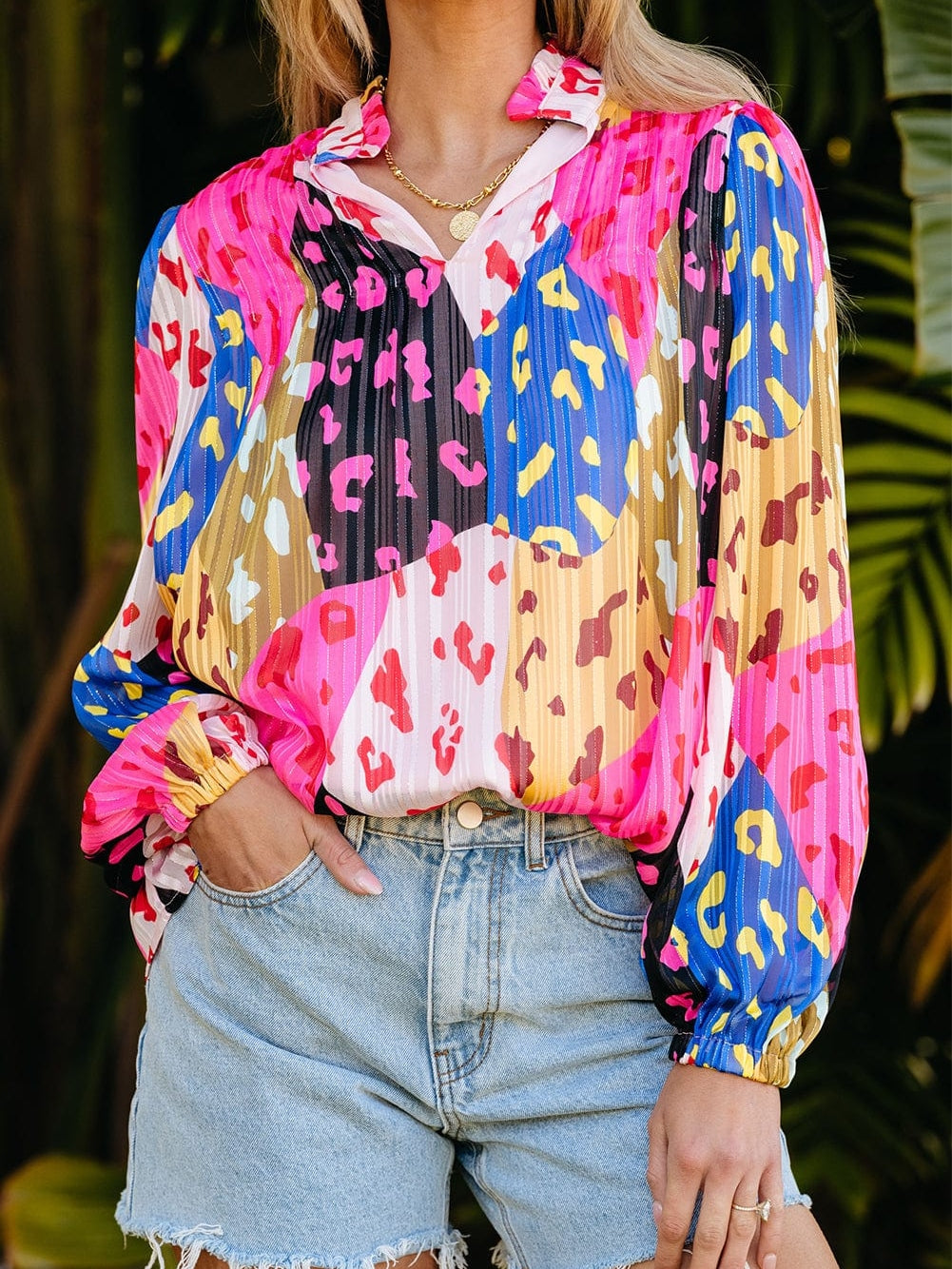 Patchwork Rose Leopard Print Pleated Top