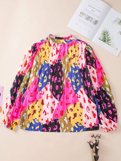 Patchwork Rose Leopard Print Pleated Top