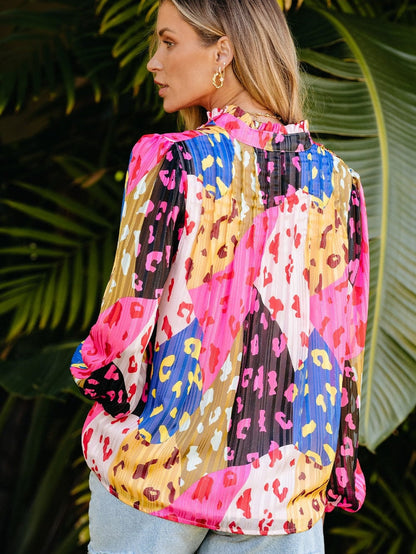 Patchwork Rose Leopard Print Pleated Top