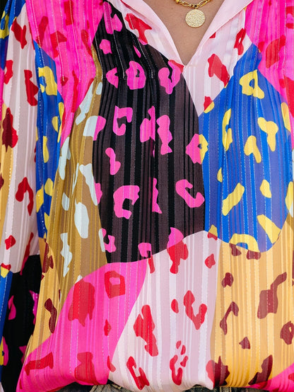 Patchwork Rose Leopard Print Pleated Top