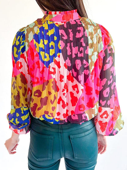 Patchwork Rose Leopard Print Pleated Top