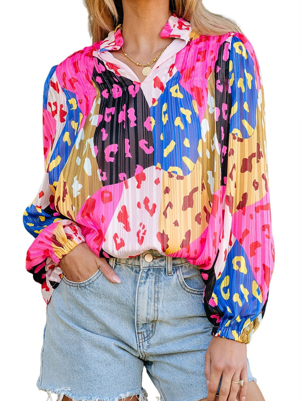 Patchwork Rose Leopard Print Pleated Top