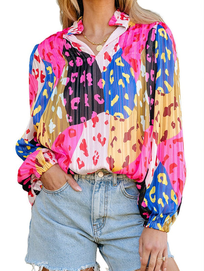 Patchwork Rose Leopard Print Pleated Top