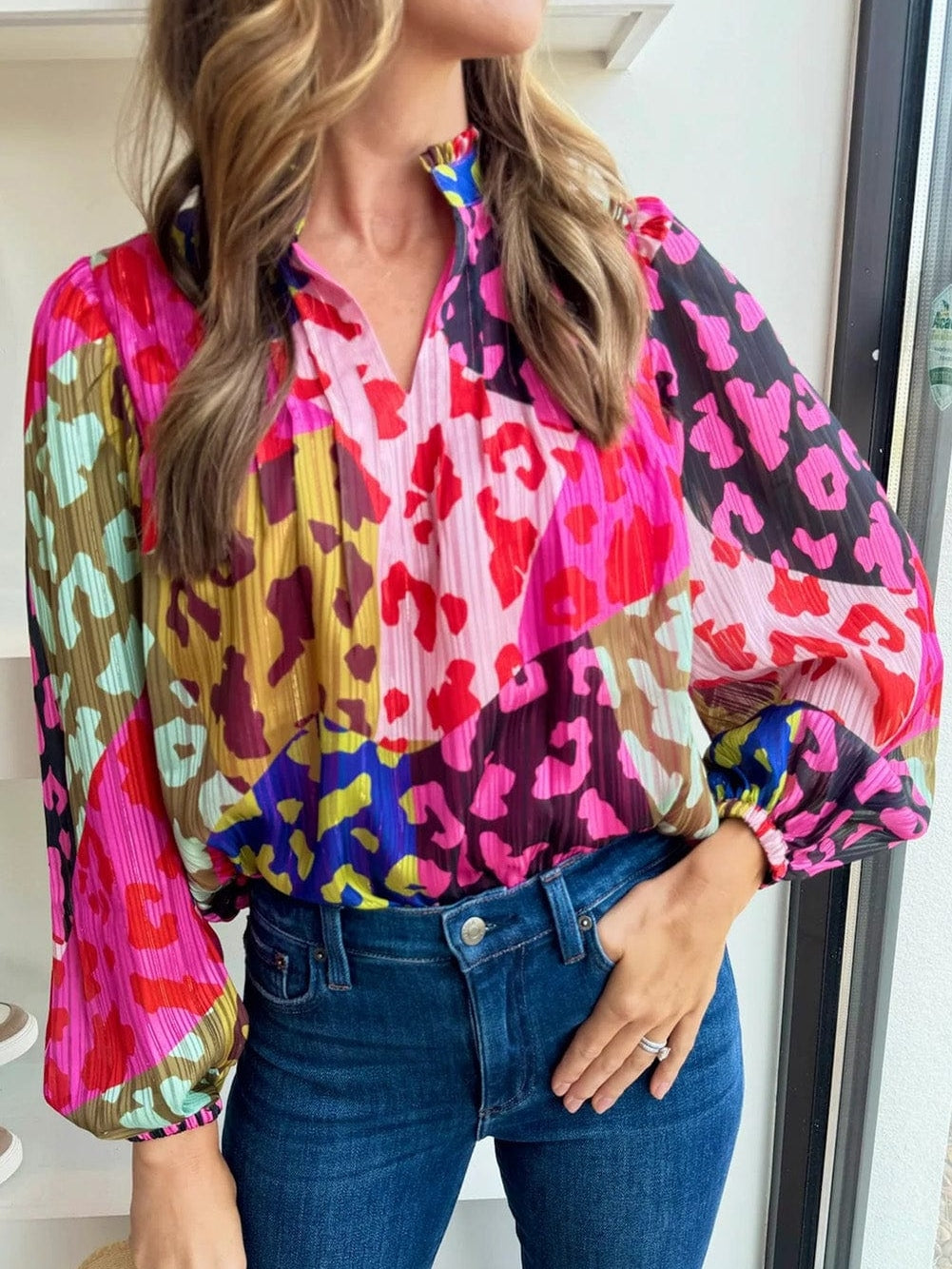 Patchwork Rose Leopard Print Pleated Top