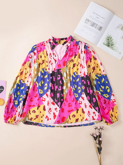 Patchwork Rose Leopard Print Pleated Top