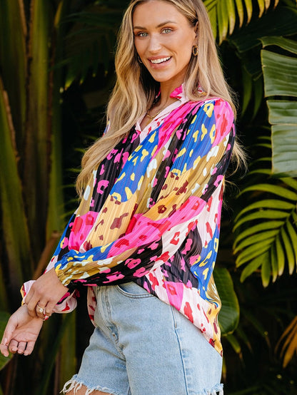 Patchwork Rose Leopard Print Pleated Top