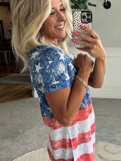 Patriotic Blue Striped Stars V Neck Tee