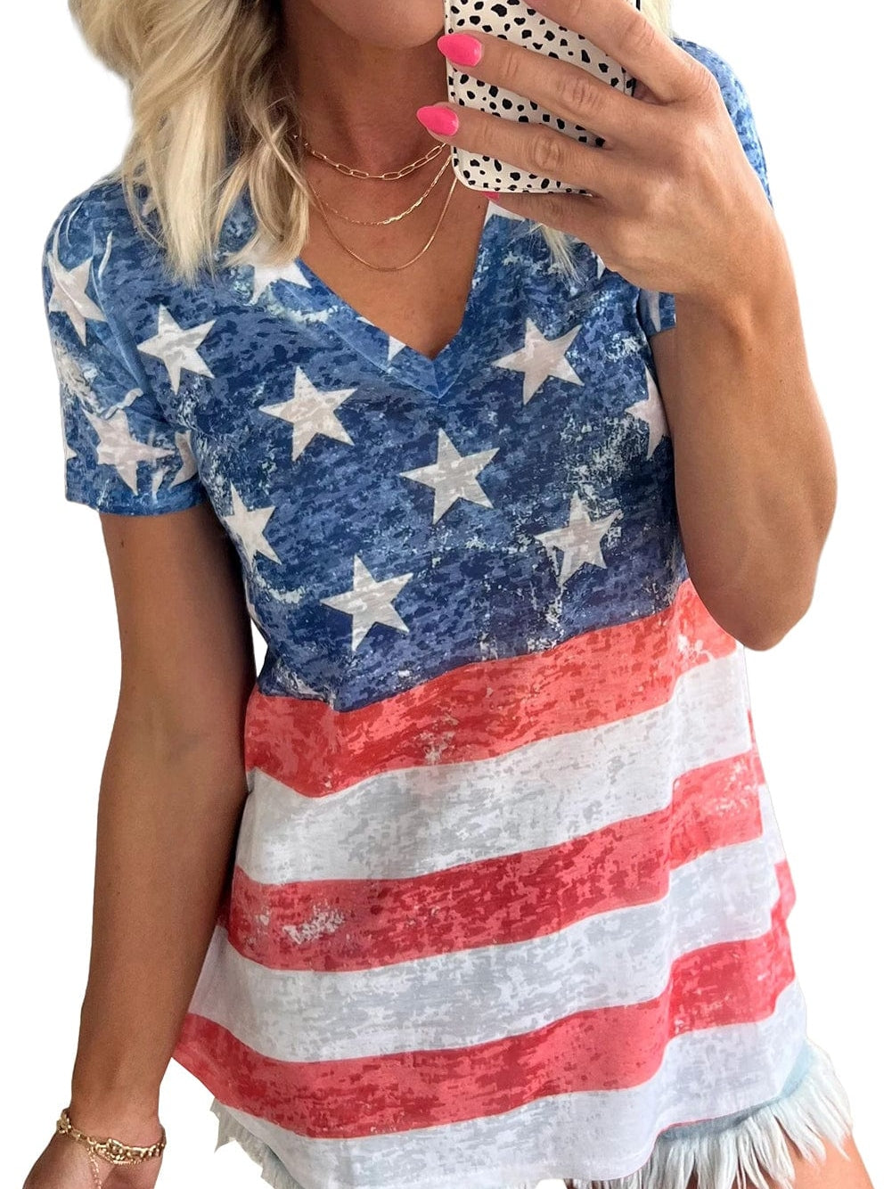Patriotic Blue Striped Stars V Neck Tee