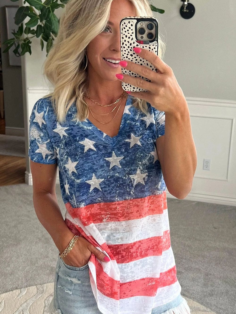Patriotic Blue Striped Stars V Neck Tee