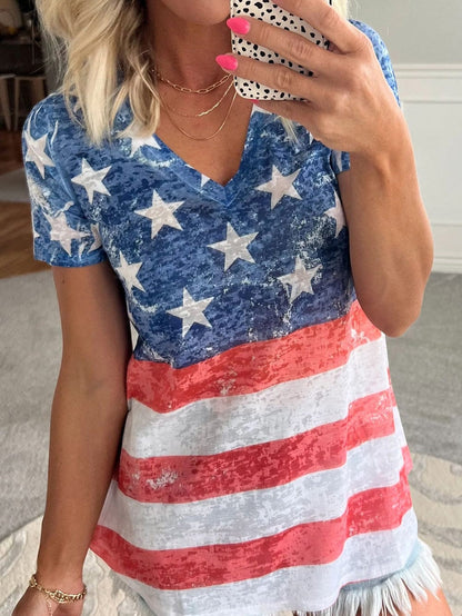 Patriotic Blue Striped Stars V Neck Tee
