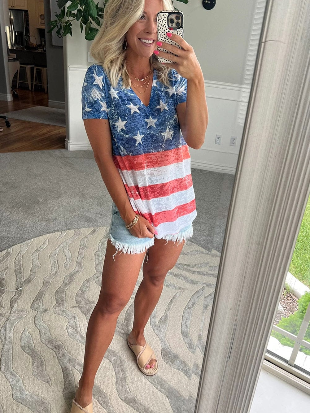 Patriotic Blue Striped Stars V Neck Tee