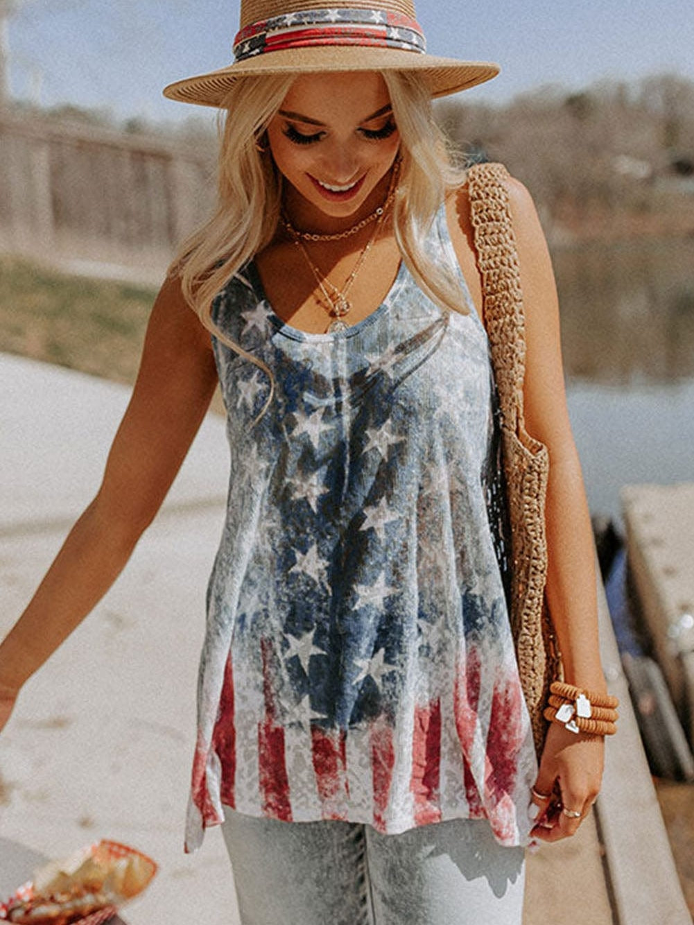 Patriotic Flag Print Racerback Tank Top