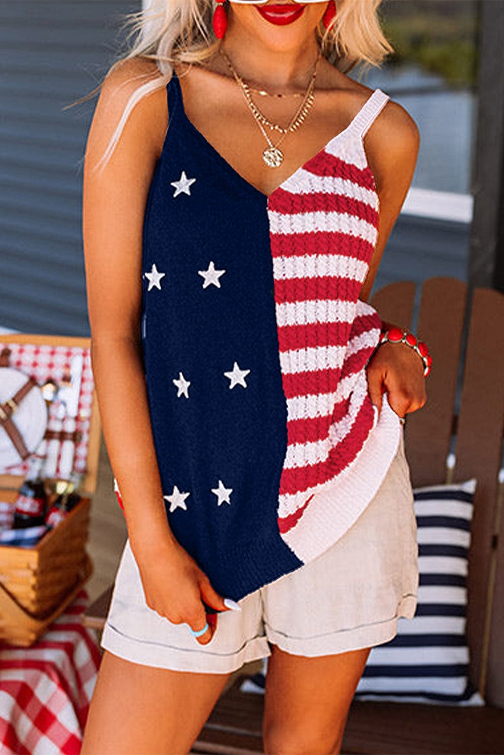 Patriotic Red Striped Star Tank Top