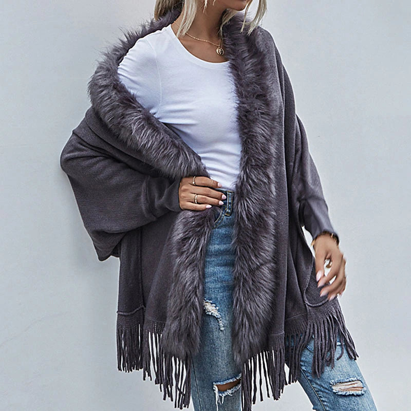 Women's Poncho Sweater Open Front Ribbed Knit Acrylic Tassel Knitted Fall Winter Tunic Outdoor Daily Going out Stylish Casual Soft Long Sleeve Pure Color Black Pink Wine S M L
