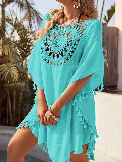 Women's Dress - Swimwear Cover Up Beach Dress Normal Swimsuit UV Protection Tassel Printing Hole Pure Color Black Beige White Scoop Neck Bathing Suits New Vacation Daily