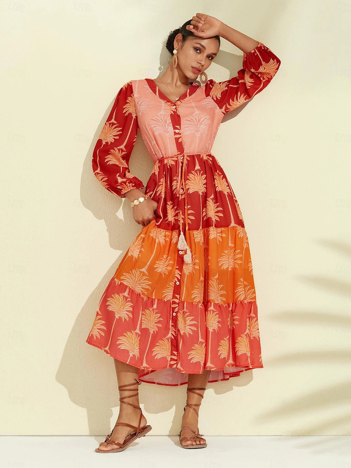 Floral Tassel Fringe V Neck Midi Dress