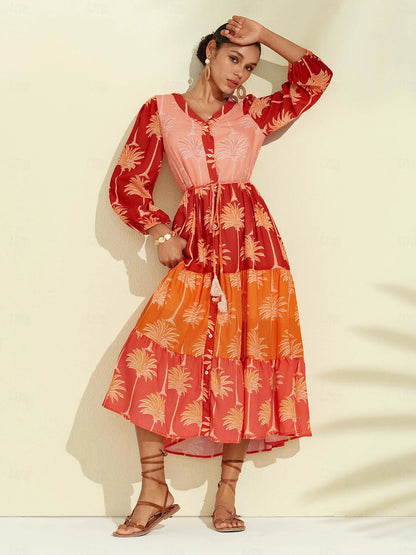 Floral Tassel Fringe V Neck Midi Dress