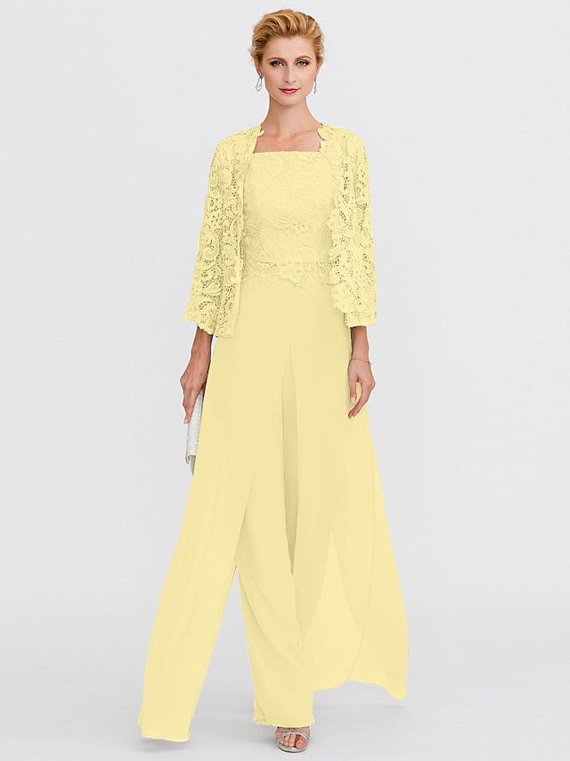 Jumpsuit / Pantsuit Mother of the Bride Dress Formal Plus Size Elegant Square Neck Floor Length Chiffon Corded Lace Sleeveless Wrap Included with Lace Appliques 2023 - LuckyFash™