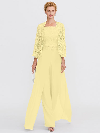 Jumpsuit / Pantsuit Mother of the Bride Dress Formal Plus Size Elegant Square Neck Floor Length Chiffon Corded Lace Sleeveless Wrap Included with Lace Appliques 2023 - LuckyFash™