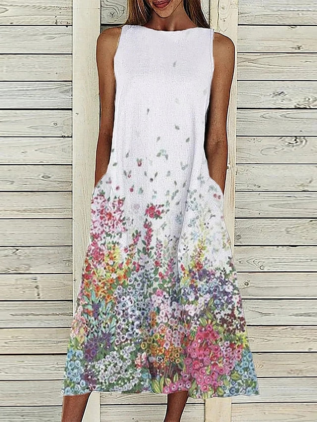 Women's Dress - A Line Dress Midi Dress Sleeveless Floral Pocket Cold Shoulder Print Spring Summer Round Neck Casual Vintage Going out 2023 S M L XL XXL Cotton