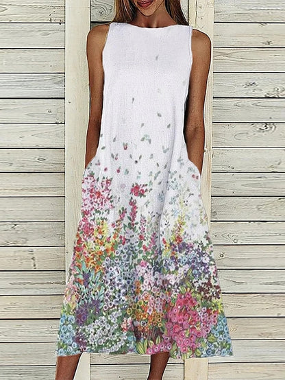 Women's Dress - A Line Dress Midi Dress Sleeveless Floral Pocket Cold Shoulder Print Spring Summer Round Neck Casual Vintage Going out 2023 S M L XL XXL Cotton