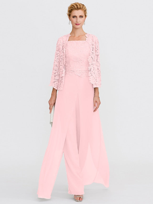 Jumpsuit / Pantsuit Mother of the Bride Dress Formal Plus Size Elegant Square Neck Floor Length Chiffon Corded Lace Sleeveless Wrap Included with Lace Appliques 2023 - LuckyFash™