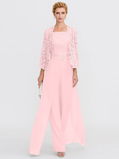 Jumpsuit / Pantsuit Mother of the Bride Dress Formal Plus Size Elegant Square Neck Floor Length Chiffon Corded Lace Sleeveless Wrap Included with Lace Appliques 2023 - LuckyFash™