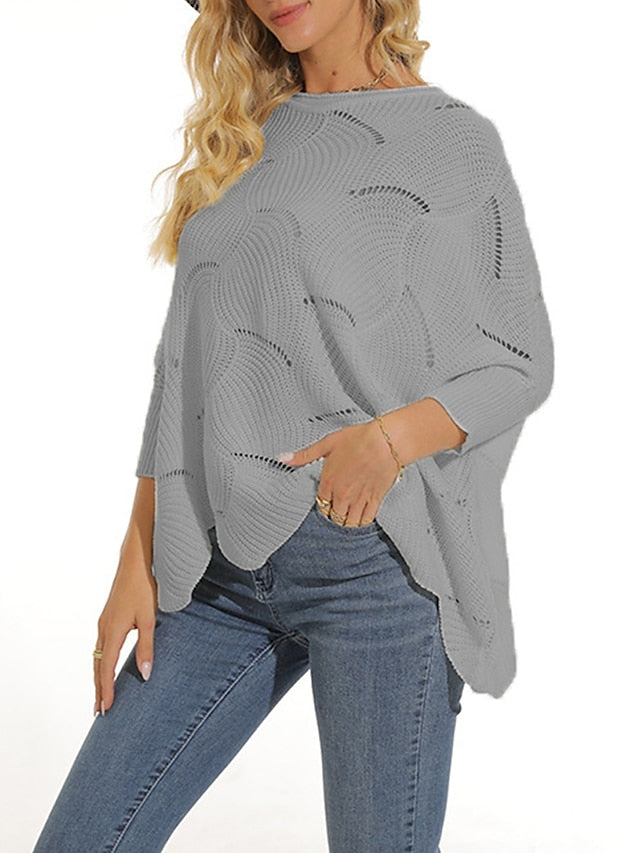 Women's Pullover Sweater Jumper Crew Neck Ribbed Knit Acrylic Hole Summer Spring Daily Going out Weekend Stylish Casual Soft 3/4 Length Sleeve Solid Color Black White Yellow S M L