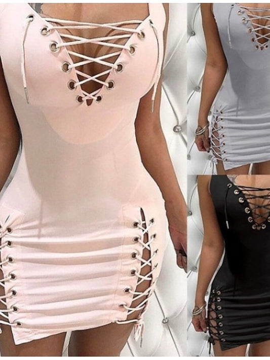 Women's Dress - Sheath Dress Mini Dress Black Pink Grey Sleeveless Pure Color Hollow Out Spring Summer V Neck Hot Spring Dress 2022 S M L XL XXL